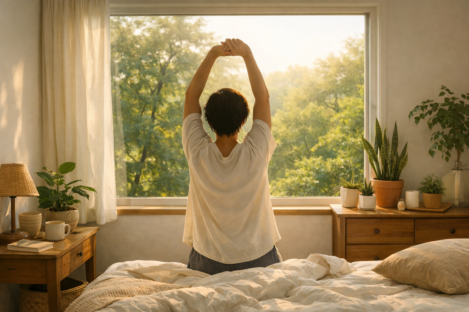 Serene morning scene with a person stretching by a window overlooking green trees, soft natural light, minimalist cozy interior with plants and warm tones