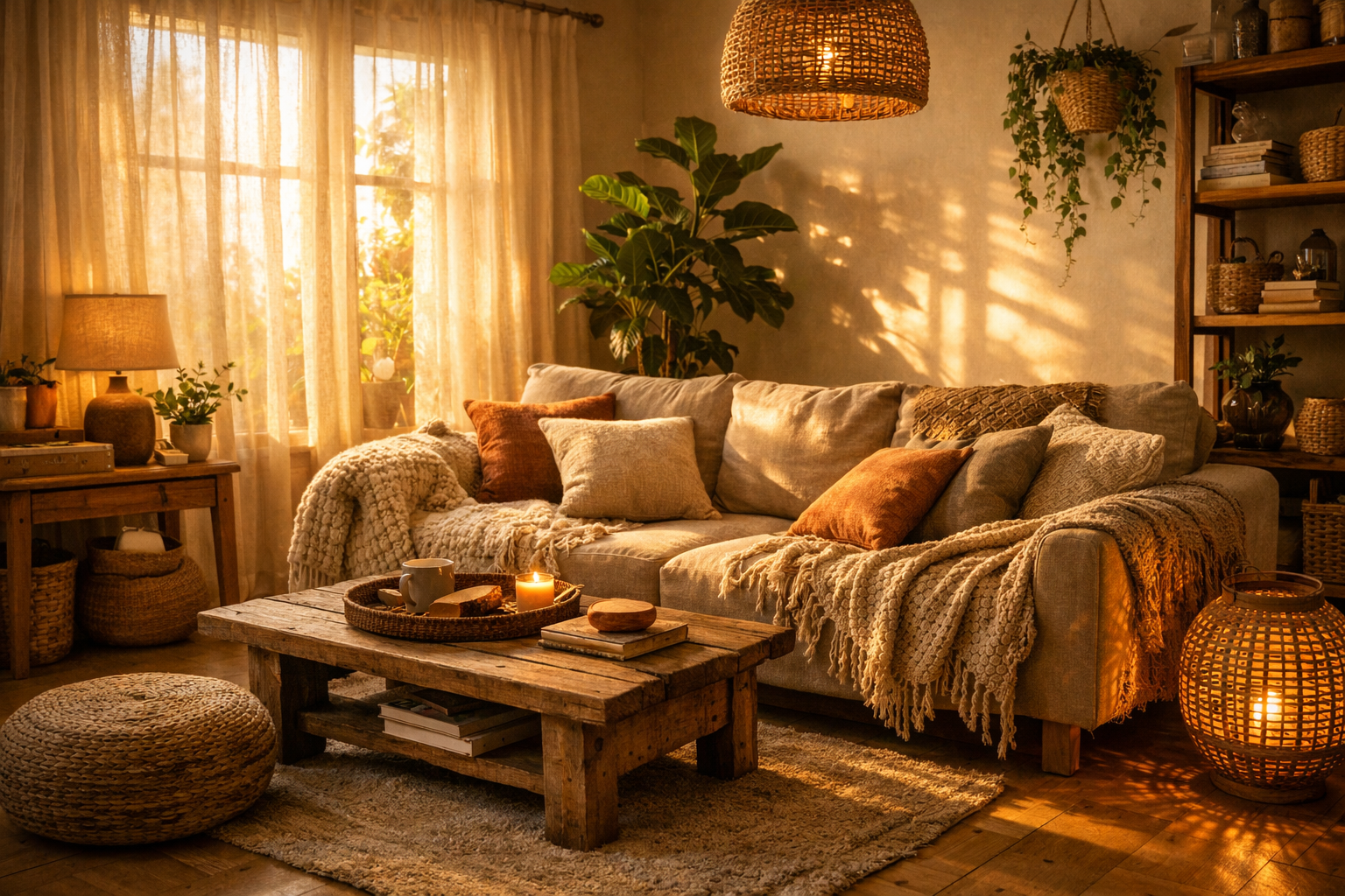 Cozy living room with natural materials, soft lighting, green plants, comfortable sofa with textured blankets, warm afternoon sunlight through curtains